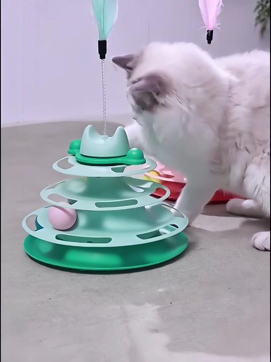 Interactive Cat Toys Four-layer Rotating Track Ball Feather Stick